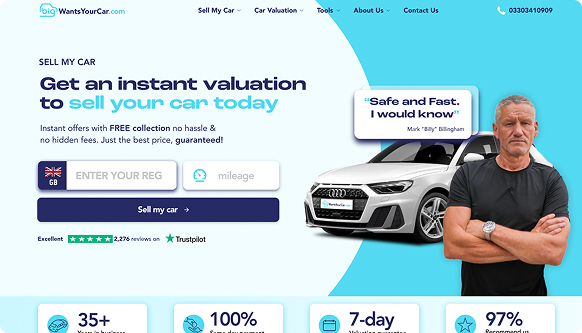 BigWantsYourCar.com homepage with Billy Billingham endorsement